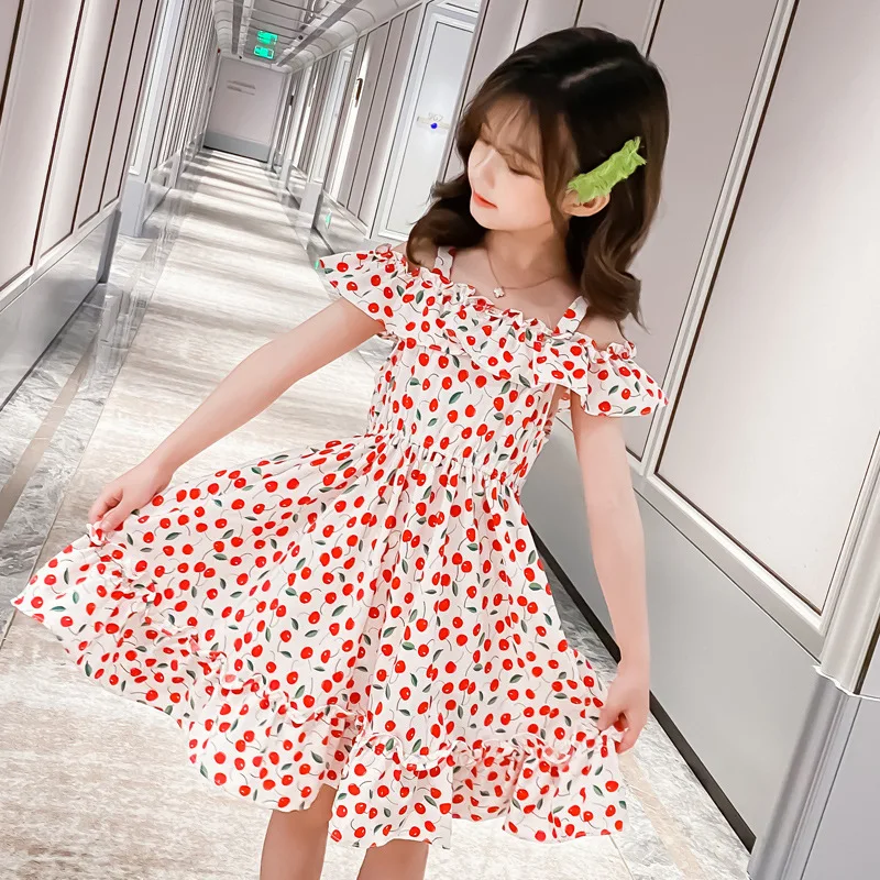 

Summer Girls' Dress Cherry Print Sling Fungus Chiffon Lady Princess Party Dress Baby Kids Teenager Big Children'S Clothing 4-13Y