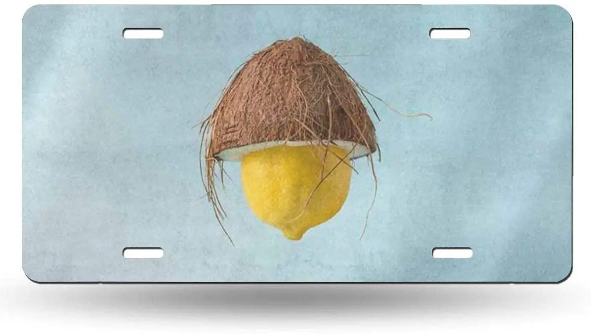 

Funny Food Yellow Lemon with Coconut Hat License Plate,car Decor Personalise Tag,Novelty Car Front License Plate Metal Aluminum