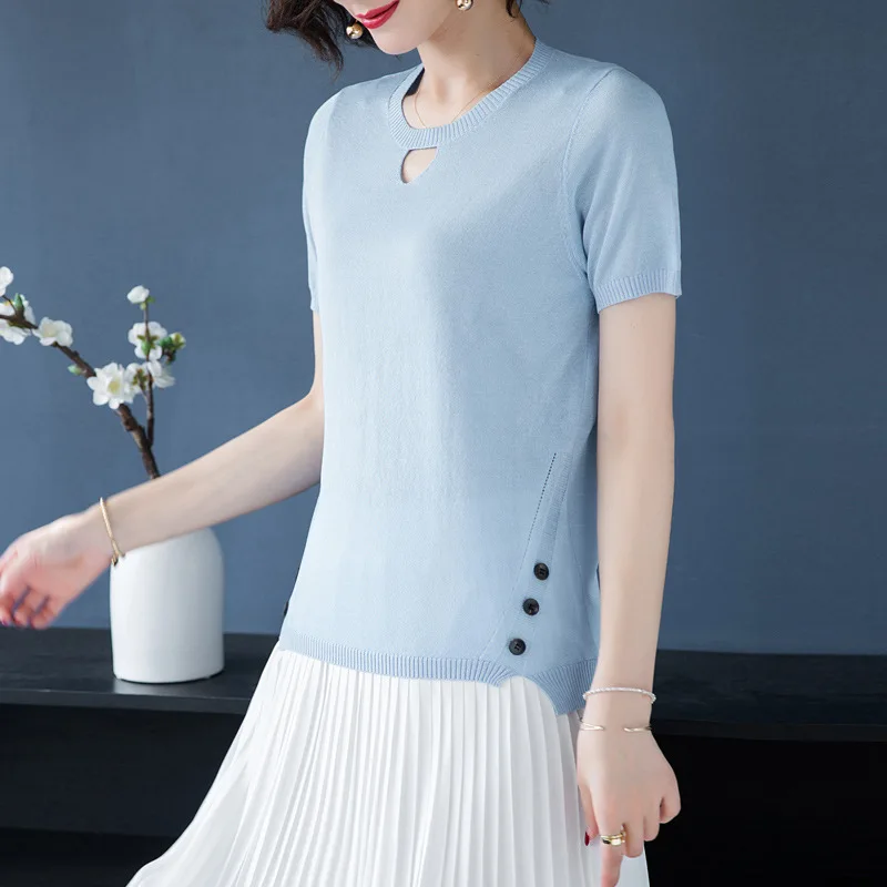 

2020 new ladies solid color round neck short sleeve knitted T-shirt gray