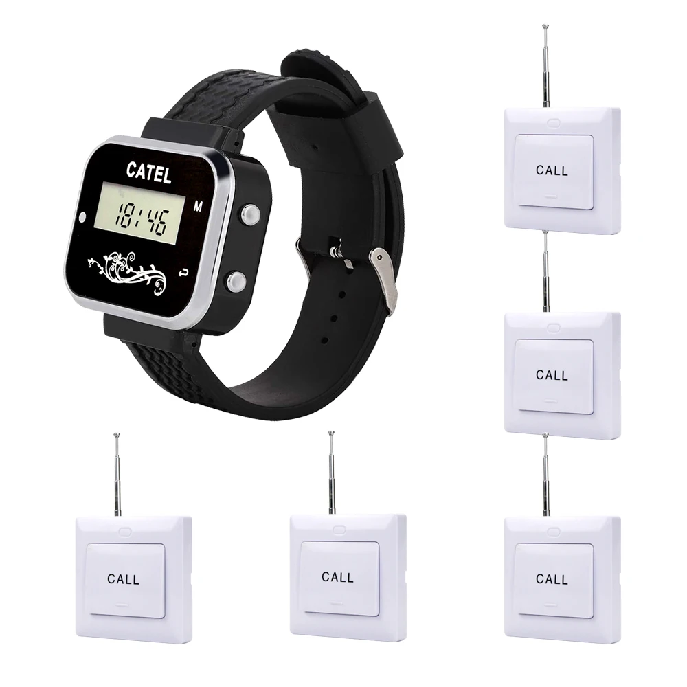 CATEL 1 Watch 5 Buttons Wireless Calling System Call Button Transmitter Pager for Restaurant Waiter Service Bell, Buzzer