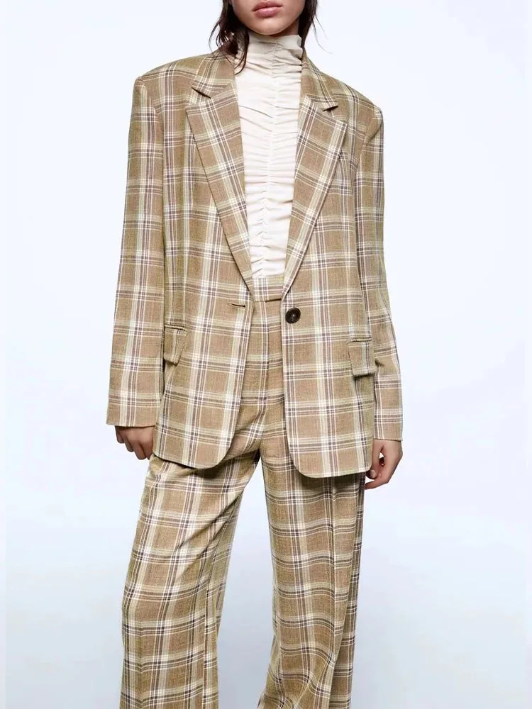 

2022 autumn and winter new women's fashion casual single-button loose plaid suit jacket high-waist fashion slim-fit unisex pants