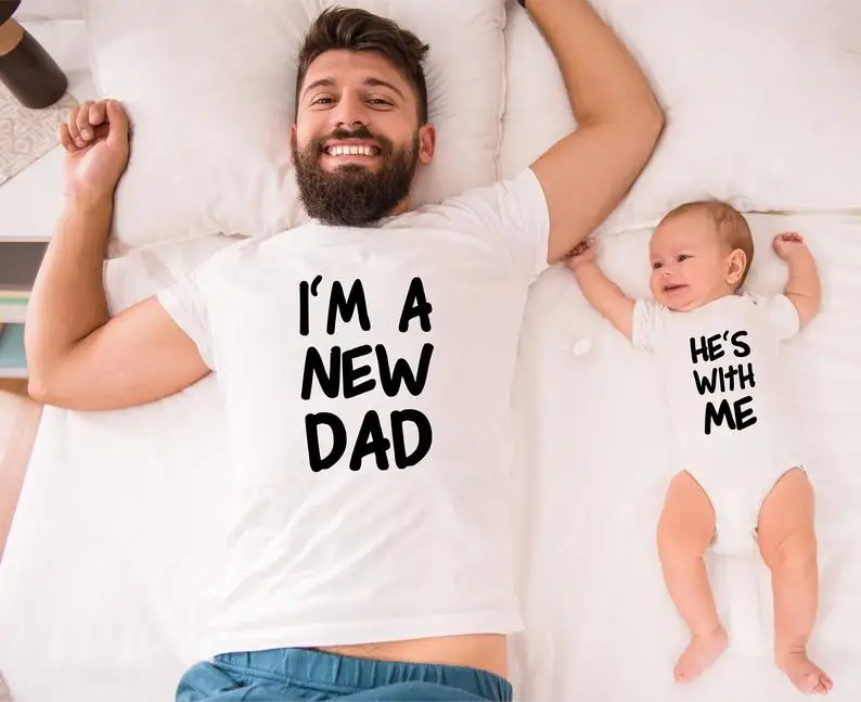 

1pcs I'm A New Dad and He's with Me Family Matching Clothes Outfit Daddy T Shirt Baby Romper Funny Short Sleeve Clothing