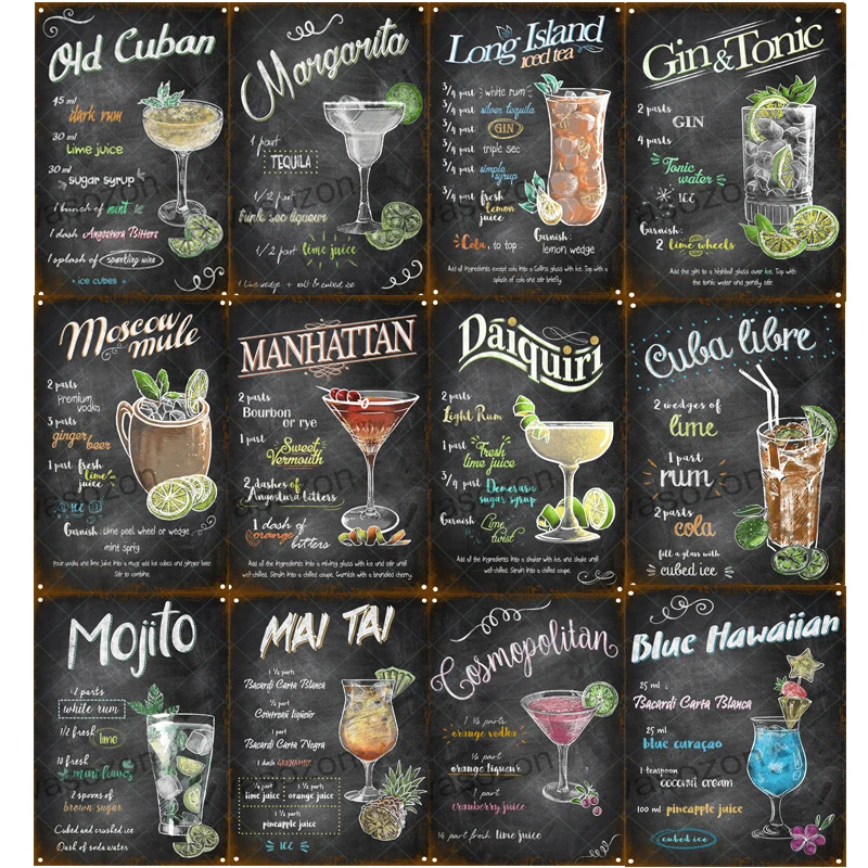 Новая стильная металлическая Оловянная табличка для коктейлей Mojito Bule Hawaii Long Island