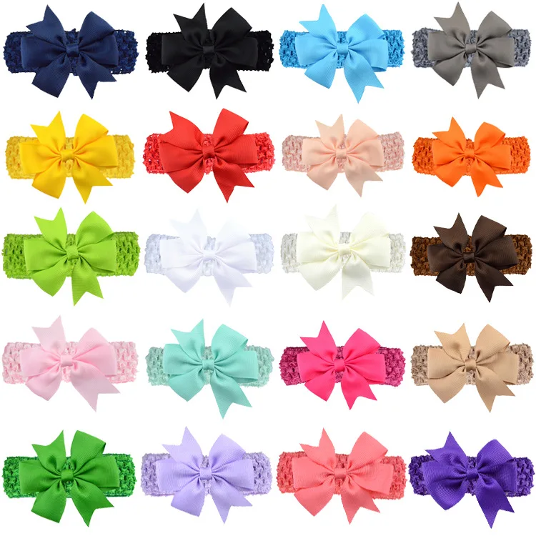 10pcs/lot 8 CM Handmade Dovetail Grosgrain Ribbon Bows Infant Headband Solid Color Crochet Elastic Hair Bands Baby Girl Headwear