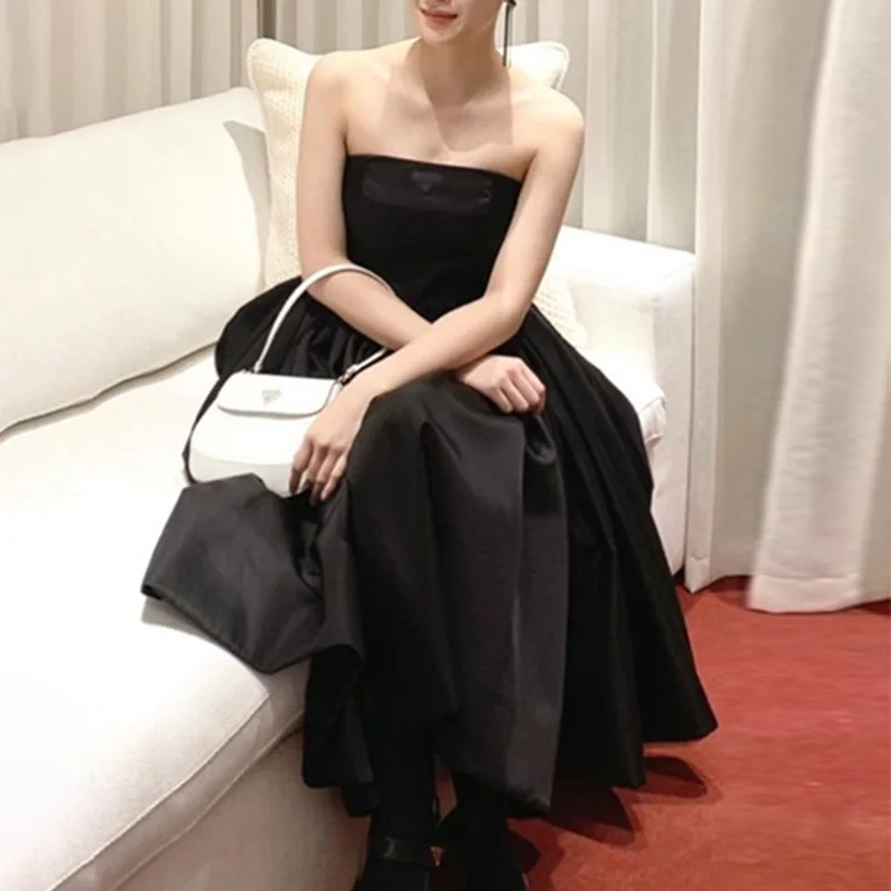 

VGH Black Casual Dress For Women Slash Neck Sleeveless Strapless High Waist Pleated Midi Dresses Female 2021 Summer Fashion Tide