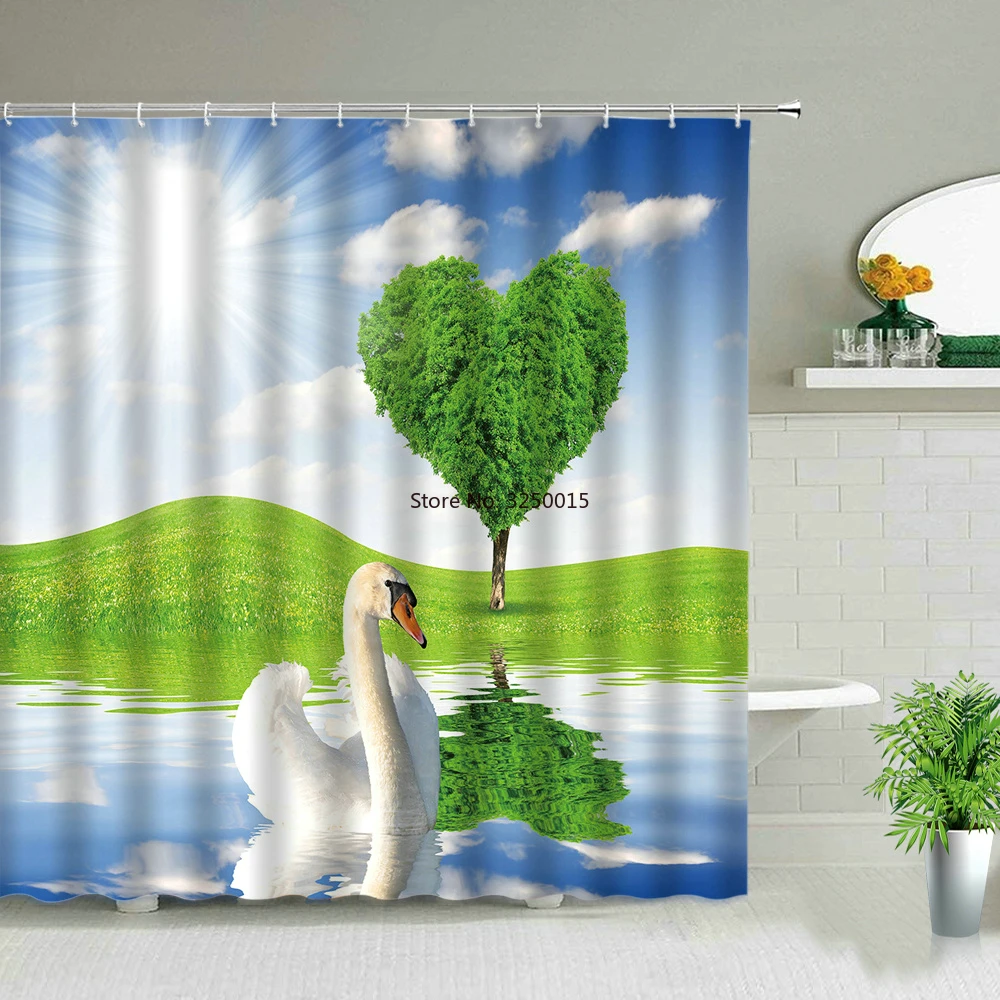 

Flower Swans Red Rose Shower Curtain Set Romantic Valentine's day Decor Bath Curtains Waterproof Bathroom Decors Polyester Cloth