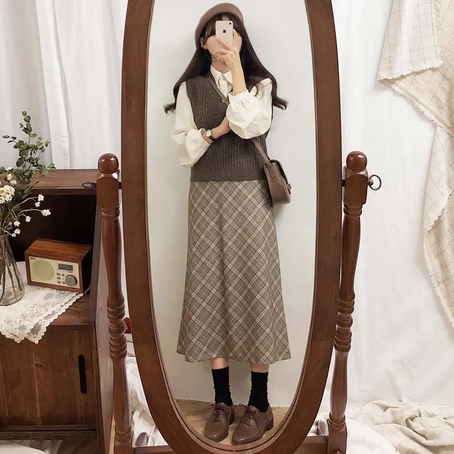 Новая длинная юбка Harajuku Корейская серая клетчатая женская школьная на молнии с