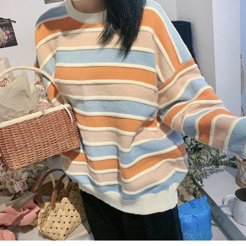 Радужный женский свитер Harajuku пуловеры в полоску с круглым вырезом уличная одежда