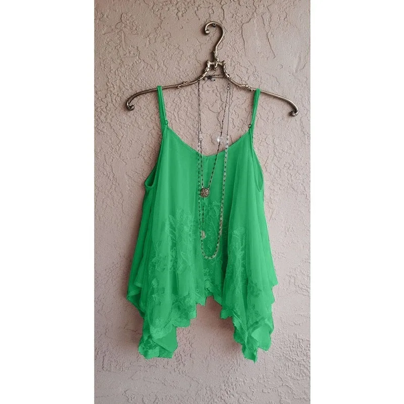 Green S-4XL, сексуальные кружевные топы с неровным подолом, топы для женщин, v-образный вырез, слинг, без рукавов, майка, футболки для девушек, большие размеры - Цвет: Green