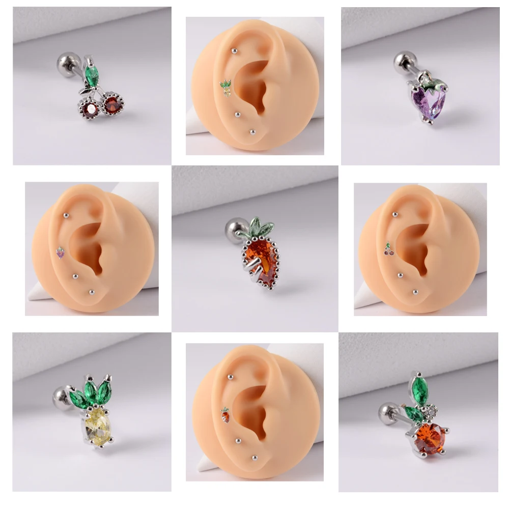 

1PCS 20G Stainless Steel Multicolor Cz Fruit Cartilage Stud Earring Trendy Cute Screw Back Tragus Conch Lobe Ear Piercing Jewelr