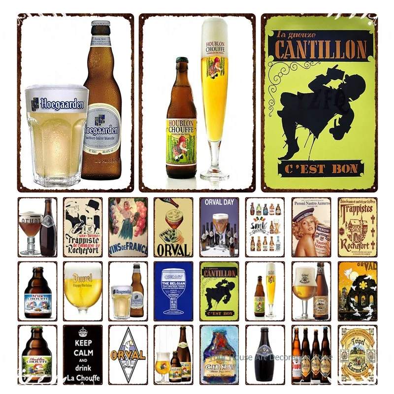 

Houblon Chouffe Hoegaarden The Bel Gian Chimay Tin Signs Estrella Damm Wall Art Iron Painting Pub Plaque Funny Metal Poster Clu