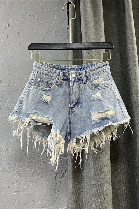 

Girl Wide Leg Denim Shorts Women's Summer Wear Loose Slim Tassel Jeans Female 2021 A Line Ripped Hot Short Pants