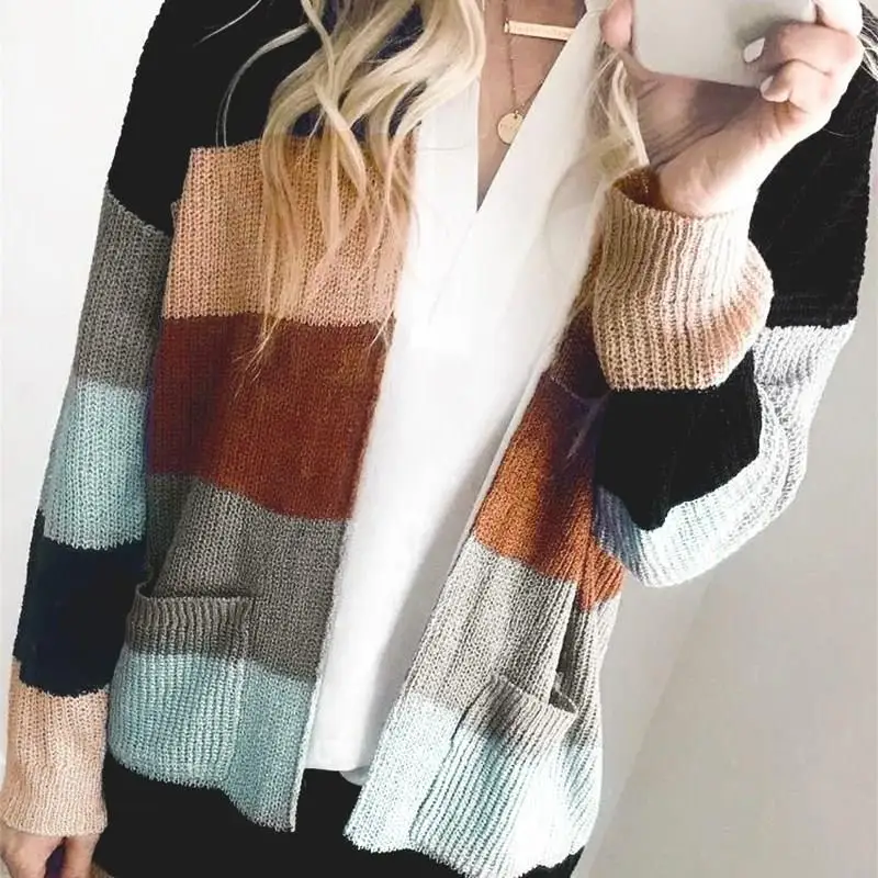 2019 Autumn Winter Hit Color Knitted Cardigans Open Stitch Female Long Sleeve Patchwork Front Striped Sweater Women Coat |