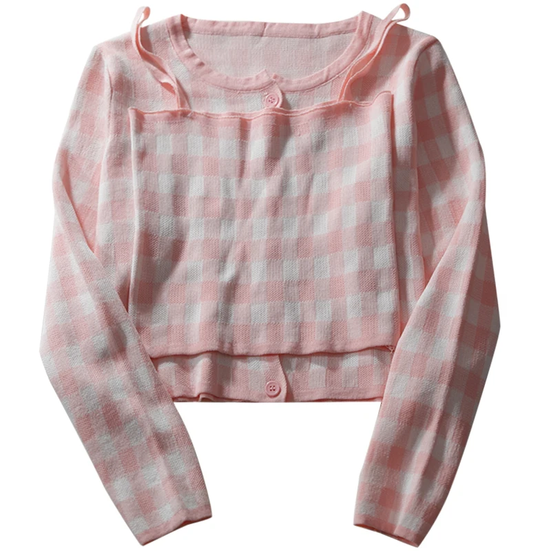 

Kimutomo Women Suit 2021 Spring New Gentle Style Grid Long-sleeved Knitted Cardigan and Short Sling Vest Two-piece Set Girl