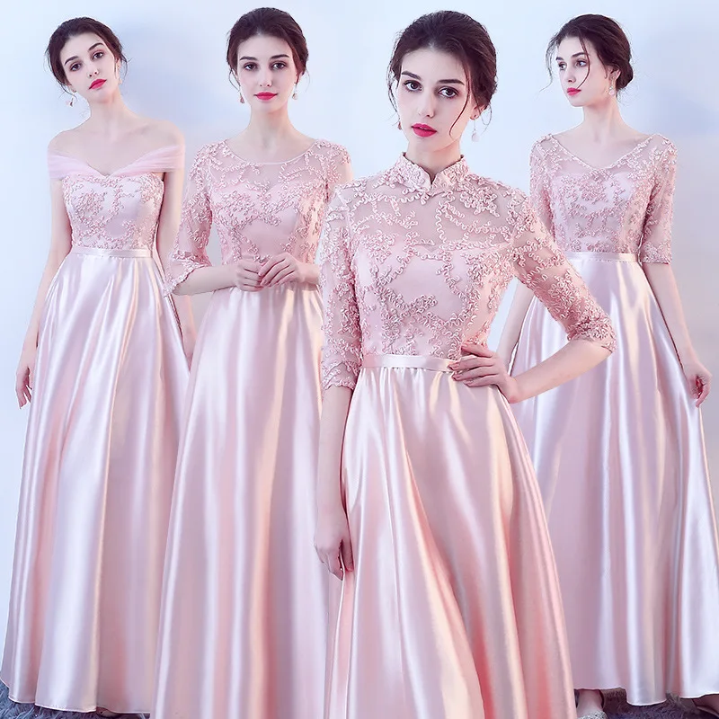 Сексуальное розовое кружевное платье для подружки невесты Длинное Элегантное с V