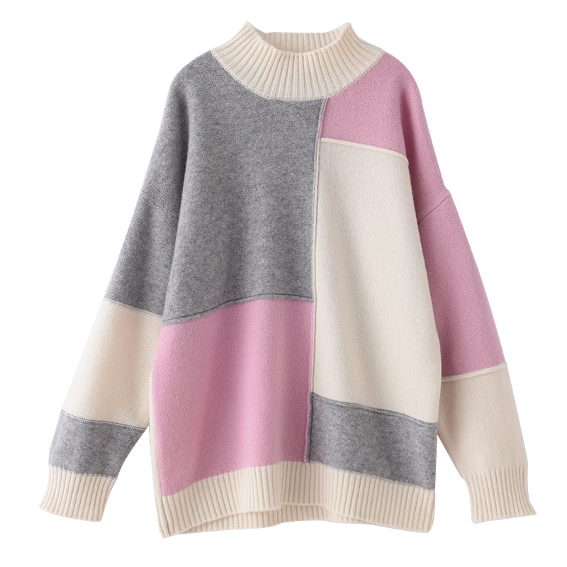 

Lafarvie Winter Wool Blends Women Sweater Knit Pullover Patchwork Casual Loose High Quality Turtleneck Warm Thick Femme Jumper