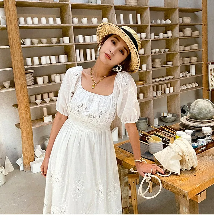 

2021 Floral Embroidered Midi Dress Women Puff Sleeve Square Collar Elegant Dresses White Patchwork Lace Boho Summer Dress