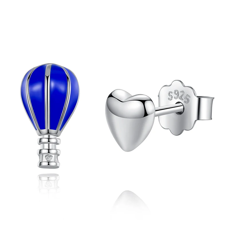 Romantic 925 Sterling Silver Blue Hot Air Balloon &amp Heart Stud Earrings for Women Girlfriend Party Valentines Day Jewelry Gift |