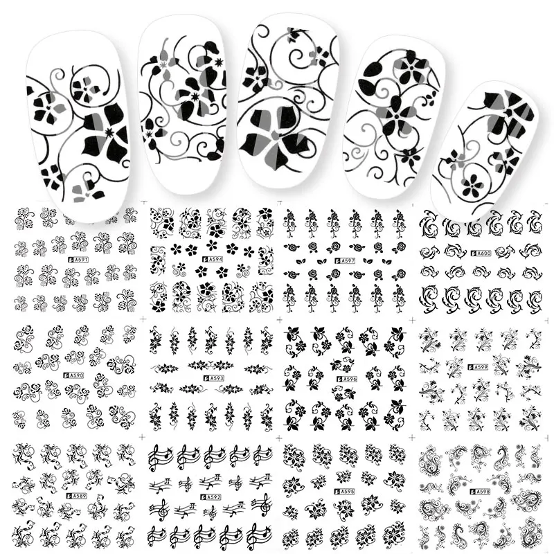 

12 Designs Nail Stickers Set Mixed Floral Geometric Sexy Girl Nail Art Water Transfer Decals Tattoos Sliders Manicure
