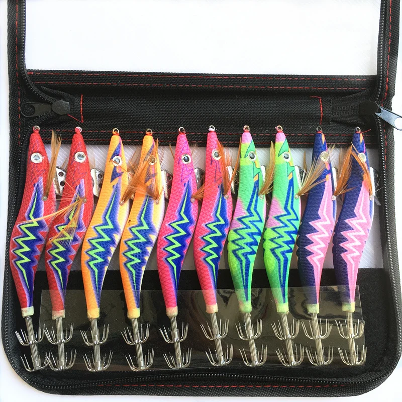 

10PCS Fishing Lure Bag Squid Hook Jigs Octopus Cuttlefish Shrimp Baits 3D Eyes Luminous Lures