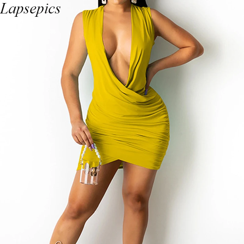 

Облегающее мини-платье без рукавов с глубоким V-образным вырезом, Соблазнительные вечерние Клубные платья с рюшами