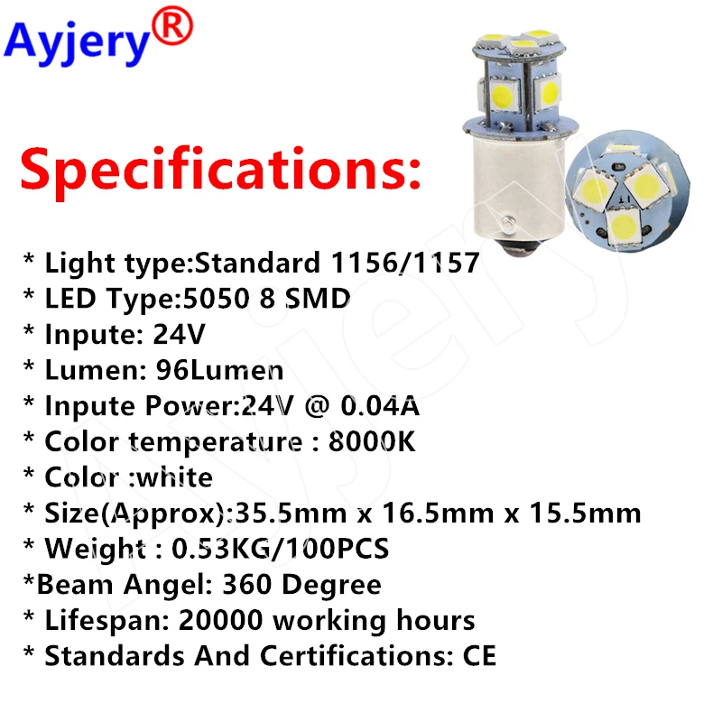 AYJERY 100 шт. грузовик светодиодный 24 В S25 P21W BA15S 1156 8 SMD 5050 сигнал поворота автобуса