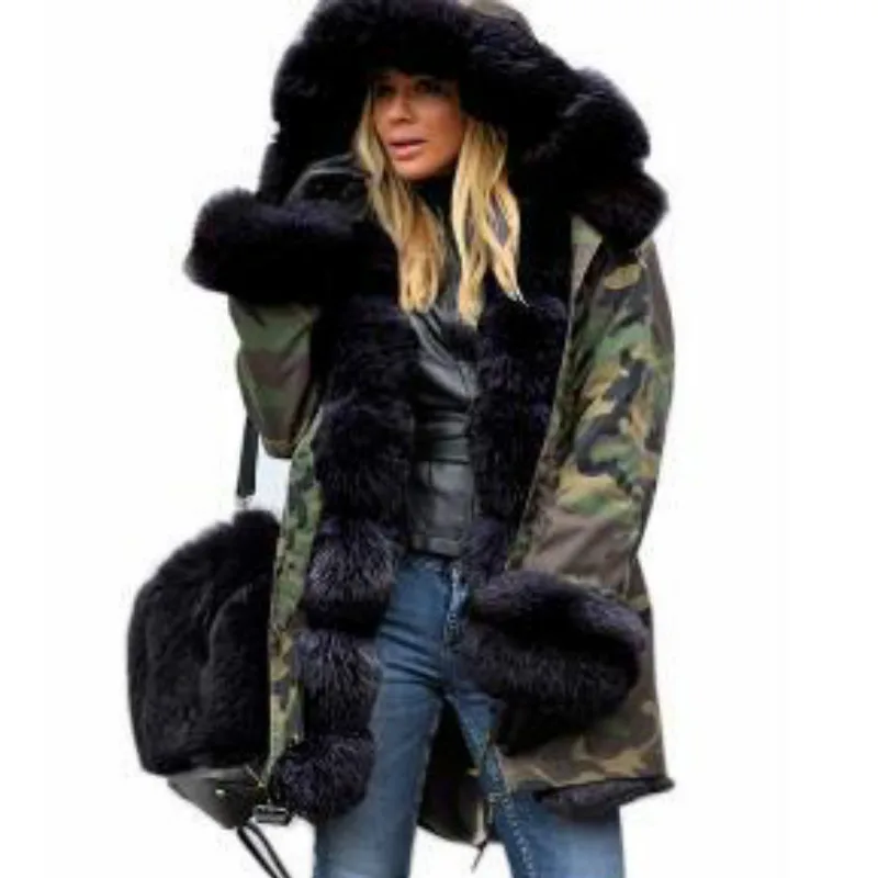 CamouflageBlack Женские теплые пальто с капюшоном из искусственного меха, парки, анораки, верхняя одежда, зимние длинные куртки, Женская парка, повседневное меховое пальто с капюшоном в стиле милитари - Цвет: CamouflageBlack