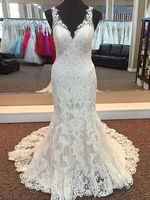 real image appliqued lace wedding dress mermaid v neck sleeveless bridal gowns sweep trail vestido de noiva custom size
