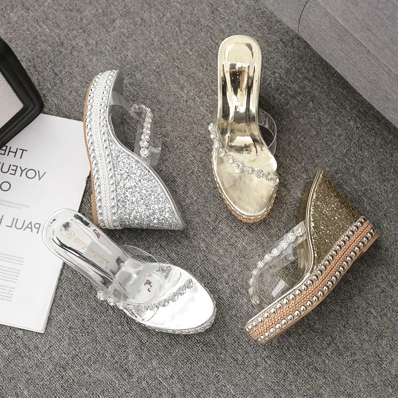 Overheight With Thick Bottom Modern Slippers Women Outside Summer Wedges Bling Sexy Sequin cloth 11cm High Heels High Quality