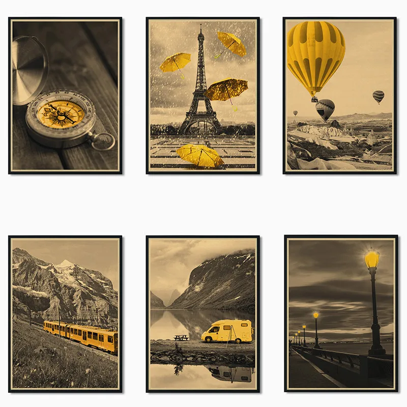 

Paris Lovers Yellow Leaves Landscape Print Painting on Kraft Paper Hot Air Balloon Retro Picture Romantic Poster Wall Art