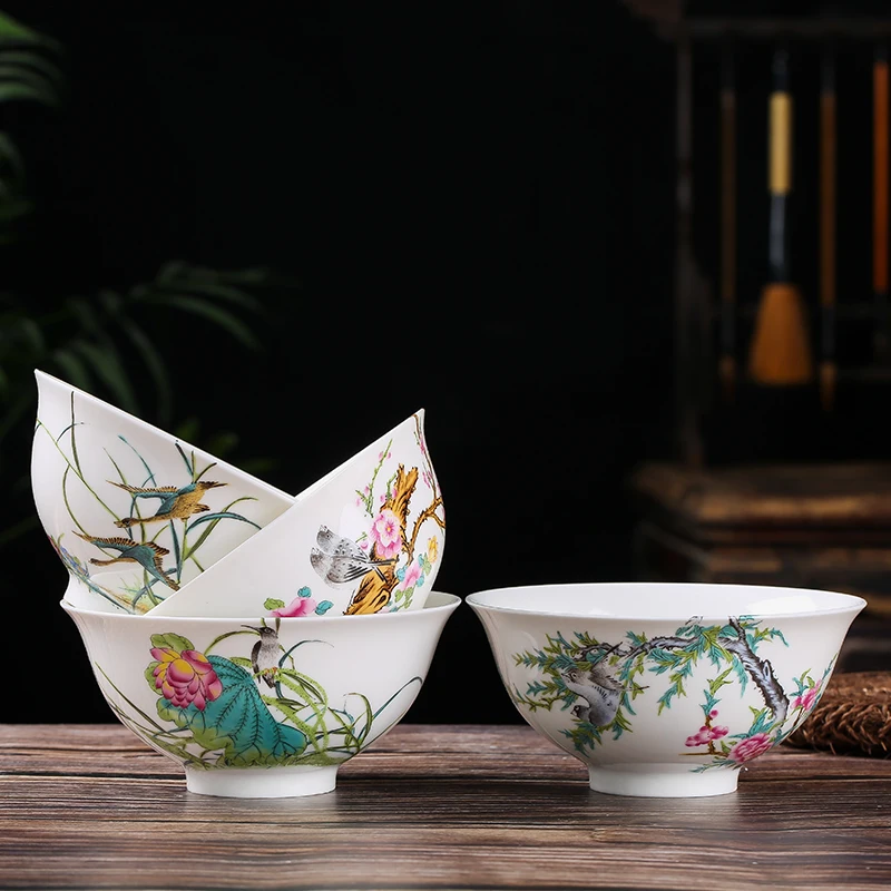 

4pcs Jingdezhen Ceramic Rice Soup Bowl Chinese Bone china Ramen Bowls Porcelain Kitchen Supplies Flower Bird Pattern Tableware