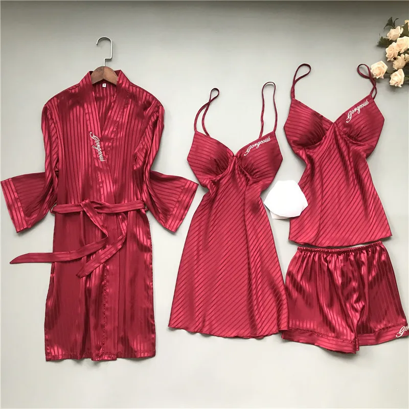 

Nightwear Pyjama Spaghetti Strap Sleep Lounge Pijama 4 Pieces Women Pajama Sets Satin Sleepwear with Chest Pads