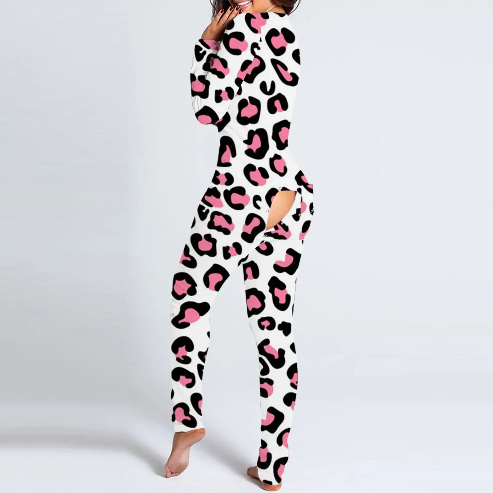 Sexy Women Christmas Cutout Functional Buttoned Flap Adults Pajamas Club Button Design Plunge Lounge Jumpsuit