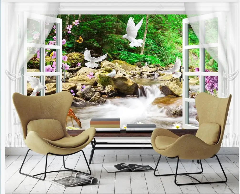 

custom mural 3d photo wallpaper The scenery outside the window waterfall forest white dove Wallpaper for walls in rolls decor