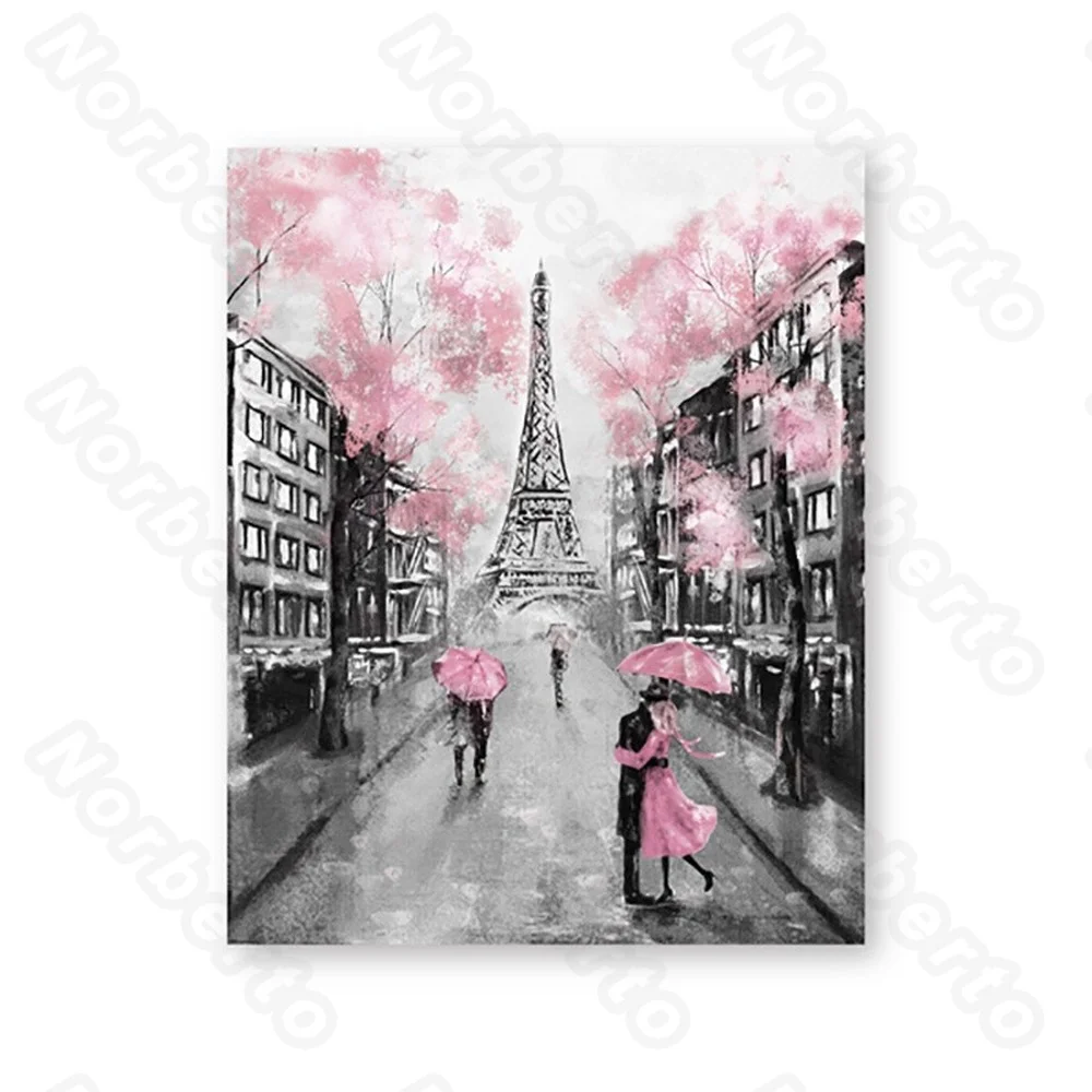 

Watercolor Drwaing Painting Canvas Painting Wall Poster Retro Buildings Couples of Lovers Pink Flowers for Home Rooms Wall Decor