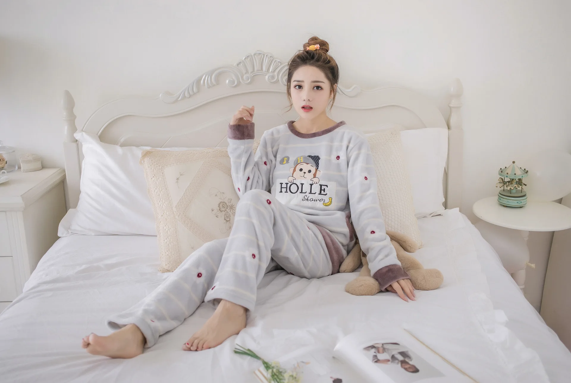 Пижамы для женщин Ночной халат круглый вырез зима стиль фланель зима фланелевые пижамы с длинным рукавом халат костюмы