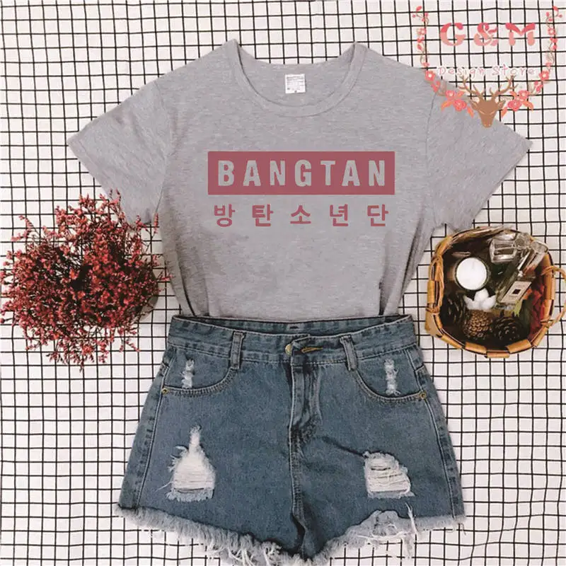 В стиле группы Bangtan Boys 방letter Letter Письмо печати Харадзюку Kpop корейский стиль Женская футболка мода короткий рукав хлопок женские летние топы