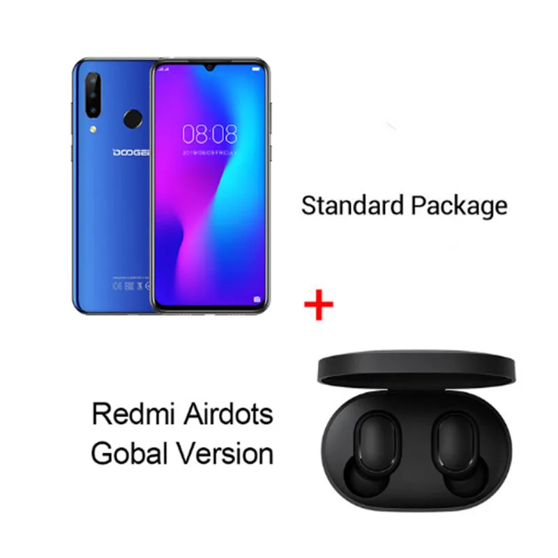 Blue N Airdots DOOGEE N20, новинка, смартфон, 6,3 дюймов, FHD+ дисплей, 4350 мАч, 4 Гб+ 64 ГБ, четыре ядра, 10 Вт, зарядка, отпечаток пальца, 16 МП, тройная задняя камера - Цвет: Blue N Airdots