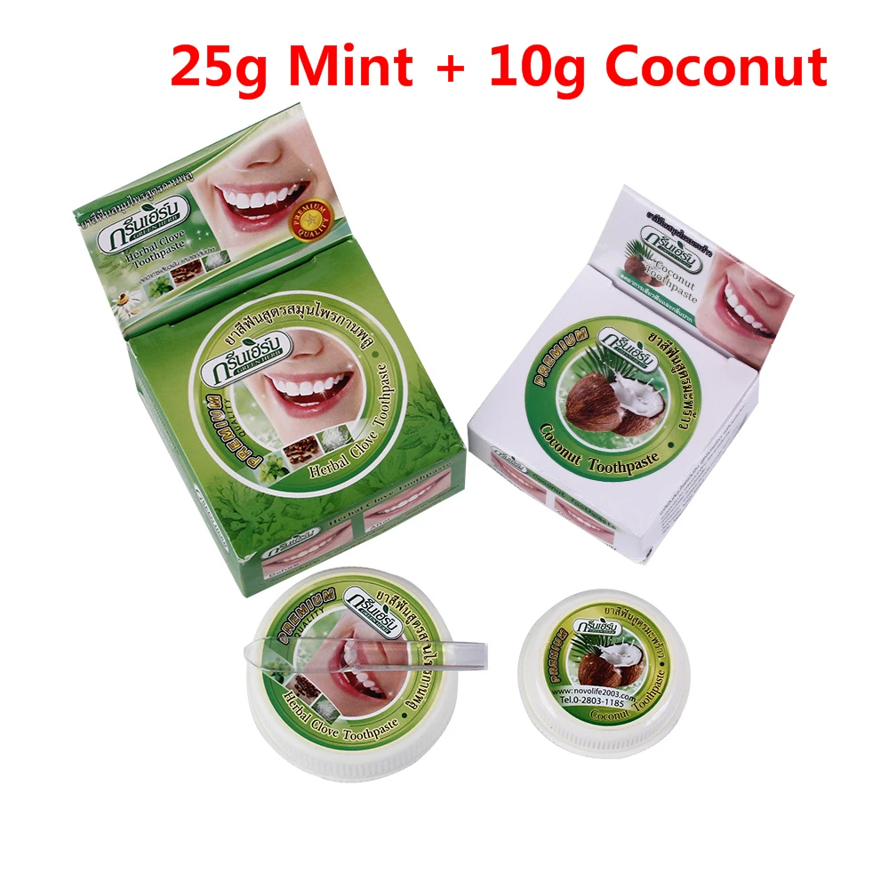25g Mint 10g Coconut 25 г 10 г тайская травяная зубная паста Гвоздика мятный кокосовый вкус отбеливающий порошок для удаления зубного налета Стоматологическая Антибактериальная - Цвет: 25g Mint 10g Coconut