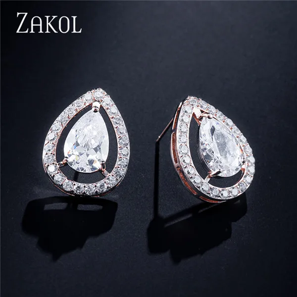 Rose Gold Color 39 Серьги-гвоздики с каплевидными кристаллами циркония ZAKOL, серьги для женщин, модные свадебные украшения, букле d'oreille FSEP2216 - Окраска металла: Rose Gold Color 39
