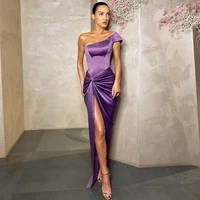 simple mermaid evening dress 2022 satin pleats split one shoulder prom gowns floor length formal women party dresses