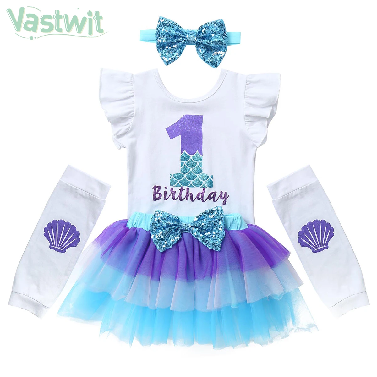 

Baby Girl Princess Clothes Mermaid Set My 1st Birthday Party Outfit Jumpsuit Romper Mesh Tutu Dress Bow Headband Legging Costume