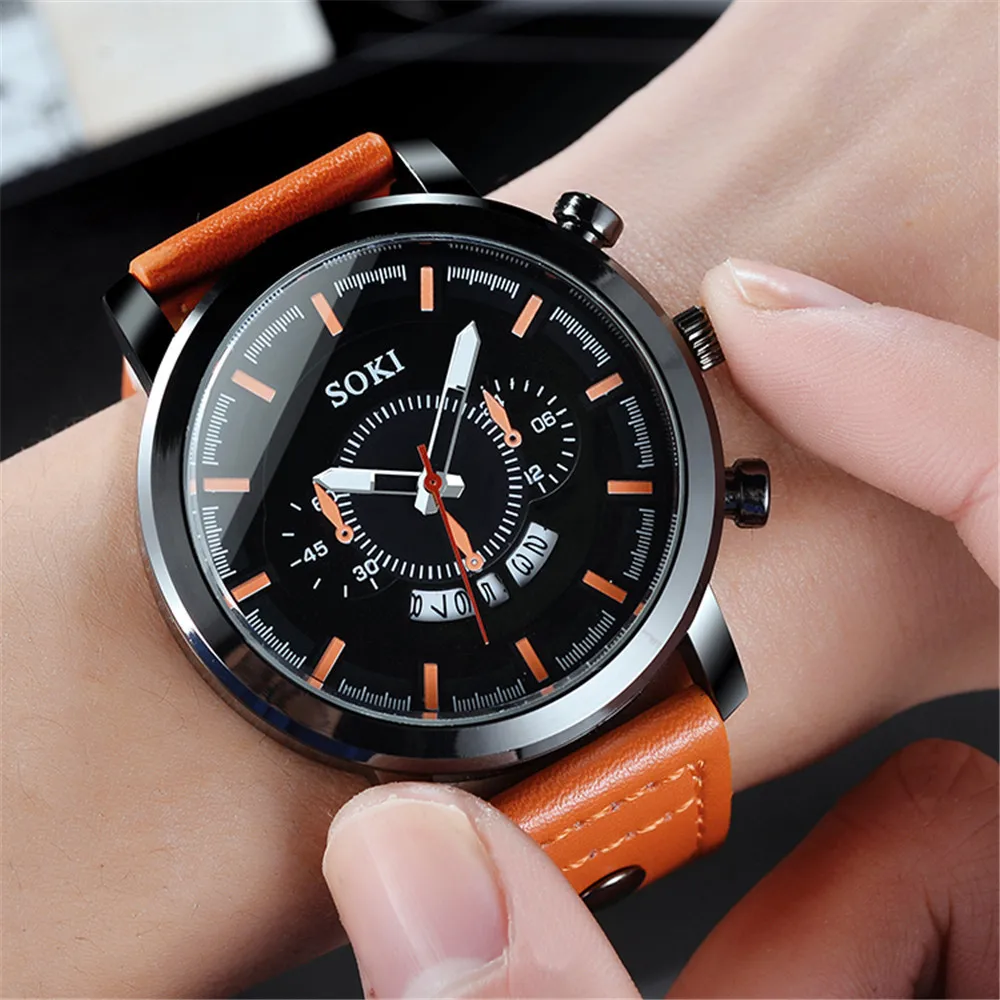

2021 Soki Brand European And American Spring New Hot Style Casual Fashion Business Men's Pu Strap Calendar Sports Quartz Watch