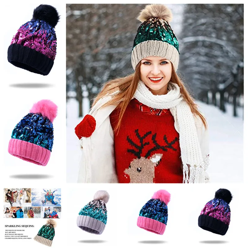 

Homiton Women Sequin Knitted Beanie Hat with Faux Fur Pom-Pom Shiny Bling Skull Cap Fashion Thick Winter Hat
