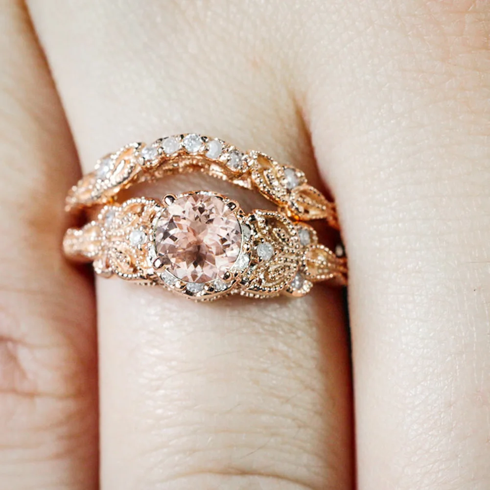 

Engagement Wedding Ring Set For Women Rose Gold Leaf Flower Plate Rhinestone Romantic Bling Party Jewelry Anillos Mujer
