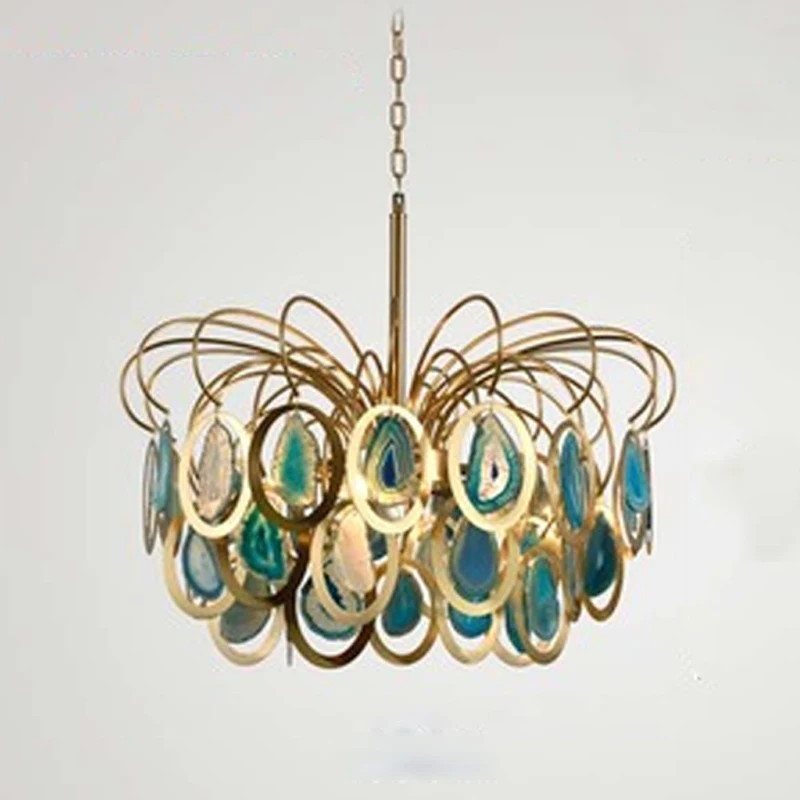 Современная светодиодная люстра из агата золотистая Металлическая лампа для