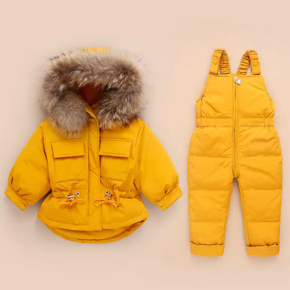 Детские модные зимние комплекты одежды для маленьких девочек лыжный костюм для мальчиков Детский спортивный комбинезон, теплые пальто Меховая куртка на утином пуху+ комбинезон