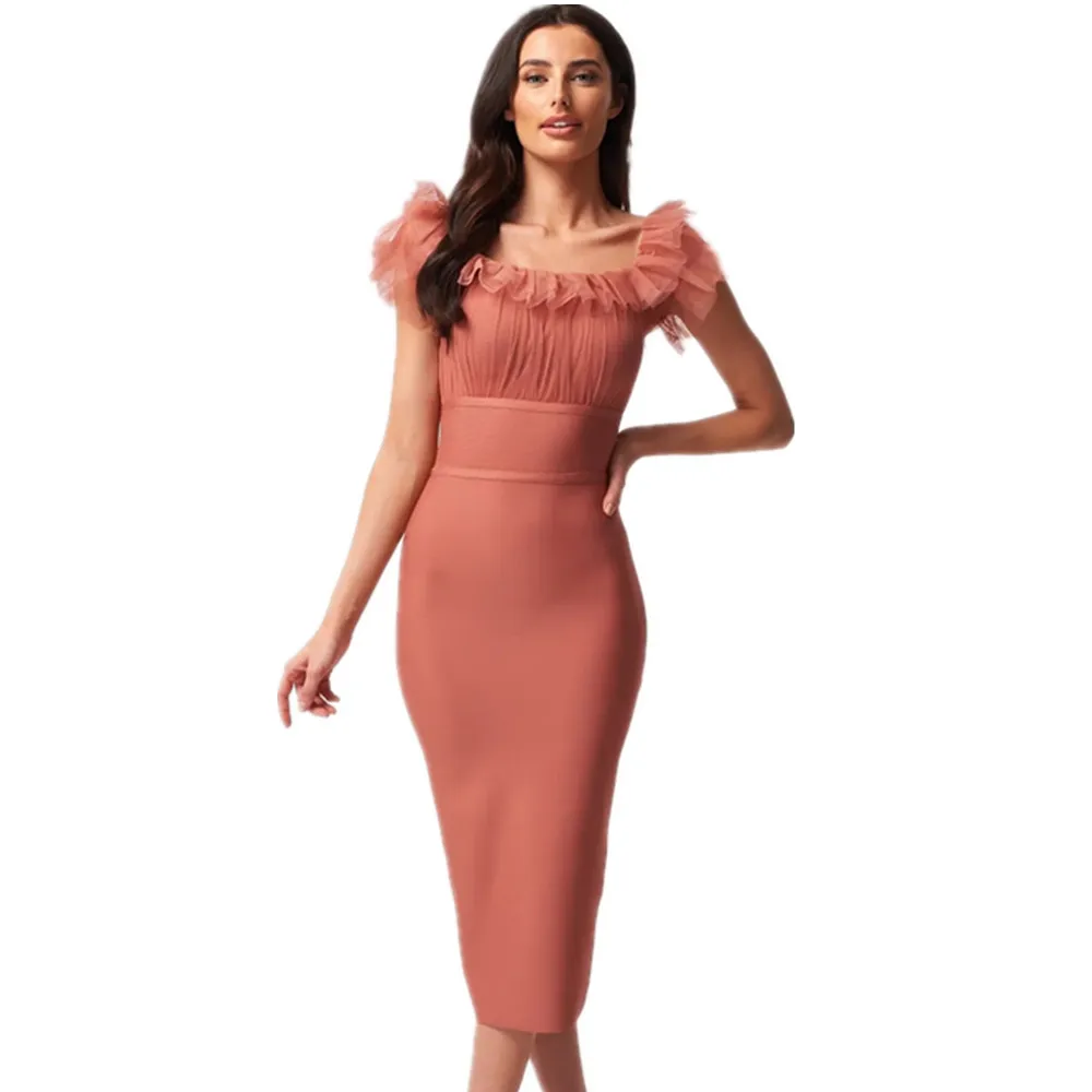 

Женские зимние пикантные V образным вырезом оборками бежевый юбка миди шик облегающее Бандажное платье 2021 элегантное вечернее платье вечер...