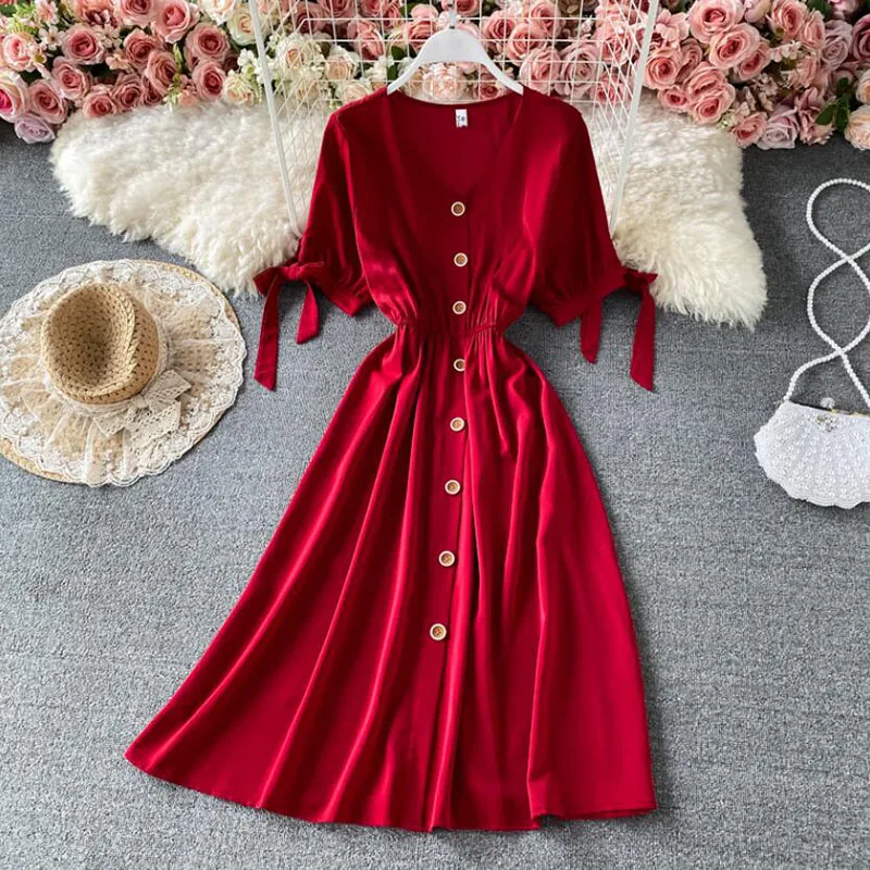 

2021 V-neck Summer Dress Vintage Short Sleeve Red A-line Mid-Calf Dress Beach Bohemian Women Sundress Casual Vestidos