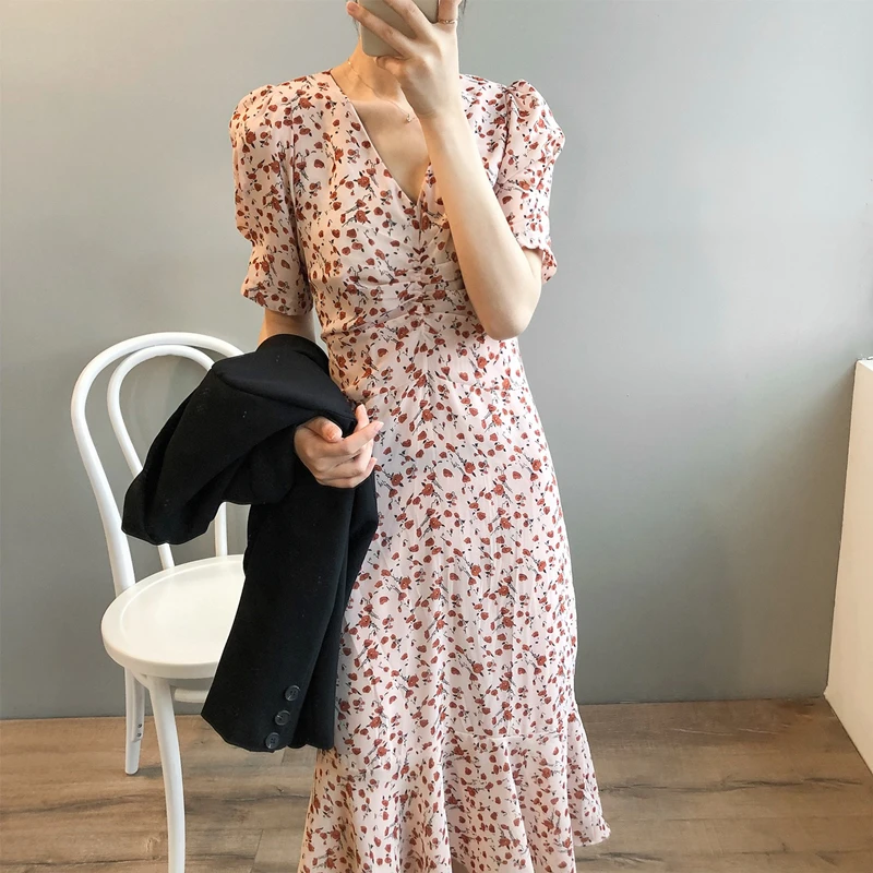 

Chiffon Dress Summer With Short Sleeves Floral Dress Elegant Medium Length Women's Dress Boho Dress Summer Light Dresses 2021